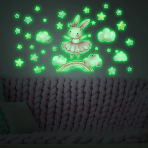 Luminous wall stickers featuring ballet rabbit, rainbow, and stars for kids' bedroom decor