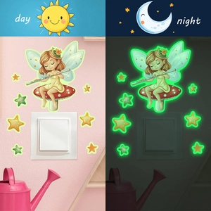 Luminous fairy on mushroom and stars wall sticker showing day and night glowing effects