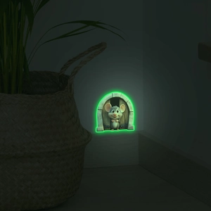 Glow-in-the-dark cartoon mouse wall sticker peaking through a stone door in the dark