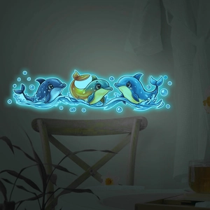 Luminous cartoon dolphin wall stickers with glowing bubbles for bathroom decor