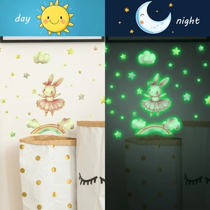 Luminous ballet bunny and rainbow wall decals for kids room showing day and night glow effects