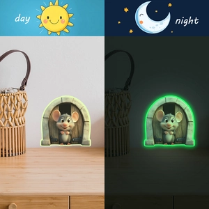 Luminous cartoon 3D mouse hole wall sticker showing glow in the dark effect for home decor