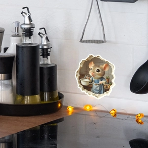 Detail showing a 3D cute cartoon mouse in a wall hole fetching water for kitchen wall decor
