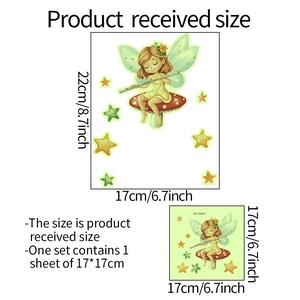 Luminous fairy on mushroom wall sticker with size specifications 17x17cm and stars