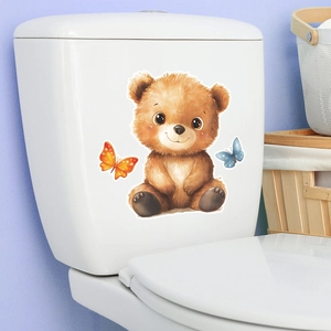Cartoon brown bear and butterflies waterproof wall stickers applied on white toilet tank