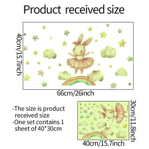 Size chart for bunny and rainbow wall stickers with dimensions in cm and inches