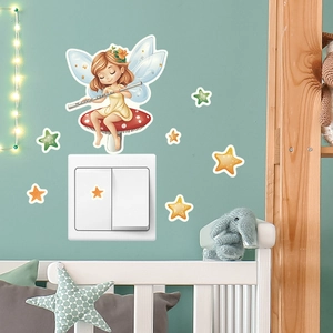 Fluorescent fairy on mushroom and stars wall stickers for kids room light switch décor