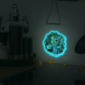 Luminous 3D mouse wall sticker with blue glow effect for kitchen and home decor