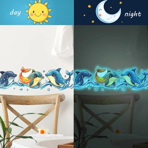Luminous cartoon dolphin wall stickers showing glow in the dark effect for home decor