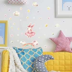 Luminous ballerina rabbit wall stickers with stars and rainbow for nursery wall decor
