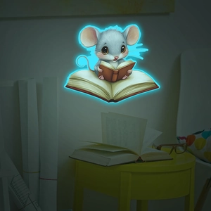 Sticker mural phosphorescent de souris lisant un livre avec effet lumineux bleu