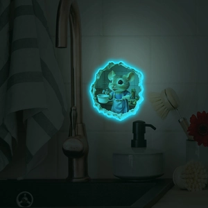 Luminous 3D mouse wall sticker showing a glowing cartoon mouse cooking in a wall crack