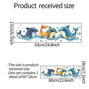 Size guide for self-adhesive cartoon dolphin wall decals showing sheet dimensions of 60x18cm