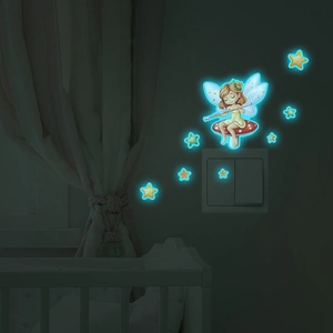 Glow-in-the-dark fairy on mushroom and stars wall decal for kids' bedroom decor