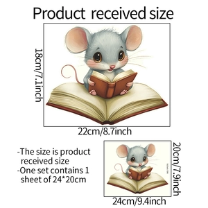 Dimensions détaillées du sticker mural souris lisant un livre avec spécifications de taille