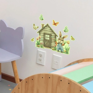 Detail view of cartoon rabbit and wooden house wall stickers for nursery wall decoration
