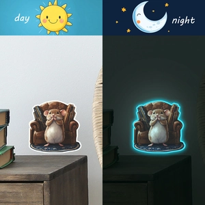 Luminous wall sticker showing cartoon mouse on sofa with day and night glowing effect