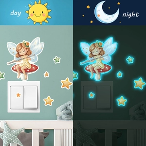 Luminous Fairy Mushroom Stars Wall Stickers Glow In The Dark Fluorescent Switch Decals For Kids Bedroom Nursery Decoration