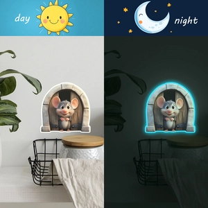 Luminous cartoon mouse wall sticker showing day and night glowing effect for home decor