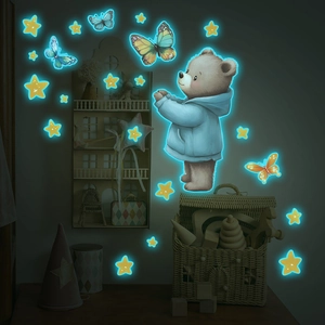 Luminous wall stickers with watercolor bear, butterflies and stars for nursery decor