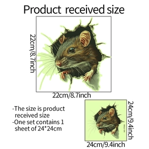 Lichtgevende 3D-muis muursticker met realistisch gebroken muurontwerp voor de keuken decor