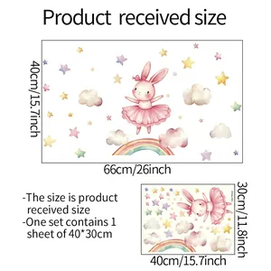 Luminous ballerina bunny and rainbow wall stickers for children nursery decor, size 66x40cm