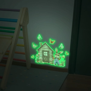 Luminous cartoon rabbit wall decals featuring glow-in-the-dark house and butterfly stickers
