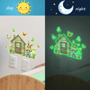 Glow-in-the-dark cartoon rabbit house and butterfly wall stickers for kids room decor