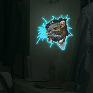 Lichtgevende 3D muursticker muis door de muur met blauw neoneffect voor woonhuis