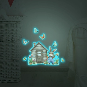Glow-in-the-dark rabbit and wooden house wall stickers with blue-green fluorescent effect