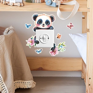 Sticker mural panda lumineux avec fleurs et papillons aquarelle autour d'interrupteur