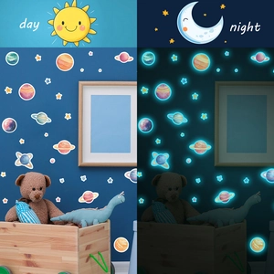 Luminous space planet wall stickers with glowing moon and stars for kids room decor