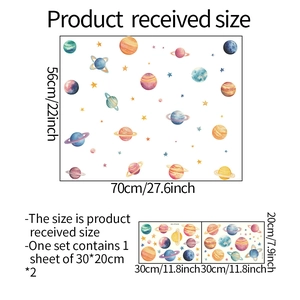 Detailed dimension layout showing planet wall stickers in sheet and layout sizes