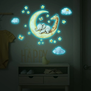 Stickers muraux fluorescents avec lune, éléphant, girafe et étoiles pour chambre bébé