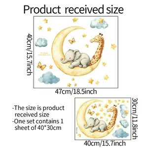 Tableau des tailles pour stickers éléphant et girafe montrant les dimensions du produit