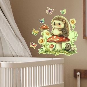 Luminous wall stickers with a cute hedgehog on a mushroom and colorful butterflies