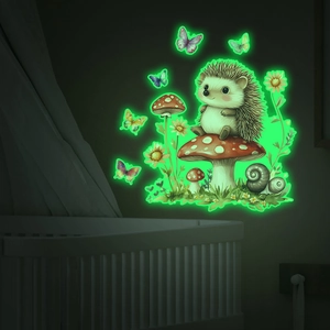 Luminous wall stickers featuring cartoon hedgehog, mushrooms and flowers in kids room decor