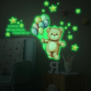 Stickers muraux fluorescents avec ours de dessin animé, étoiles et citations en anglais