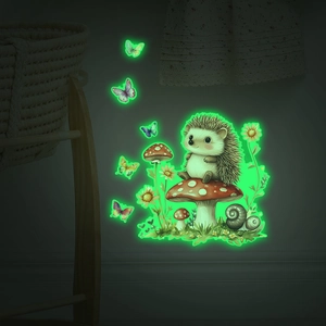 Glow-in-the-dark wall stickers featuring hedgehog, mushroom, and forest animals in nursery