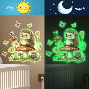 Luminous wall stickers with cartoon hedgehog and mushroom for kid room day night view