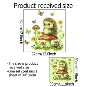 Detailed size specifications for cartoon hedgehog and mushroom wall stickers for kids' rooms