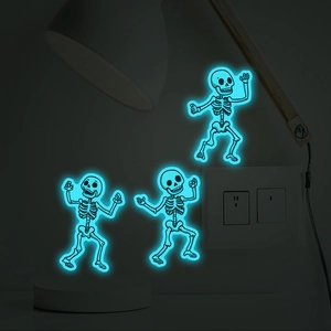 Luminous skeleton wall stickers with 3 creative poses glowing blue for Halloween decor