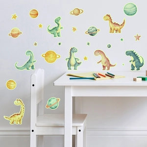 Detailed view of watercolor dinosaur and planet glow in the dark wall stickers for kids