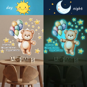 Sticker Mural Ours Lumineux Dessin Animé Étoiles Ballons PVC Amovible Pour Chambre D'enfants Décoration Intérieure