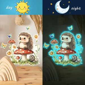 Luminous cartoon hedgehog and mushroom wall stickers showing day and night glowing effect