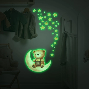 Luminous cartoon bear and moon wall stickers with glowing stars for children's bedroom decor