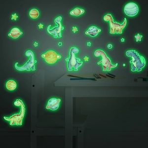 Glow in the dark cartoon dinosaur wall stickers with planets and stars for kids room decor