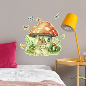 Luminous mushroom house and rabbits wall sticker scene in a cozy bedroom decor