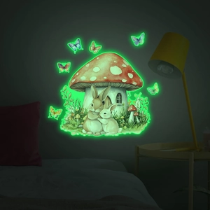 Glow In The Dark Wall Stickers Cartoon Mushroom House Rabbit Butterfly Luminous PVC Decals For Kids Room Home Decor