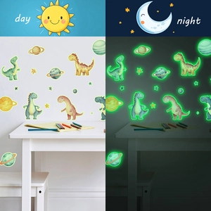 Luminous cartoon dinosaur world wall stickers with stars and planets for kids room decor